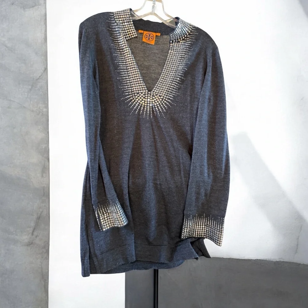 Tory Burch Charcoal V-Neck Tunic with Crystal Accent Size Medium